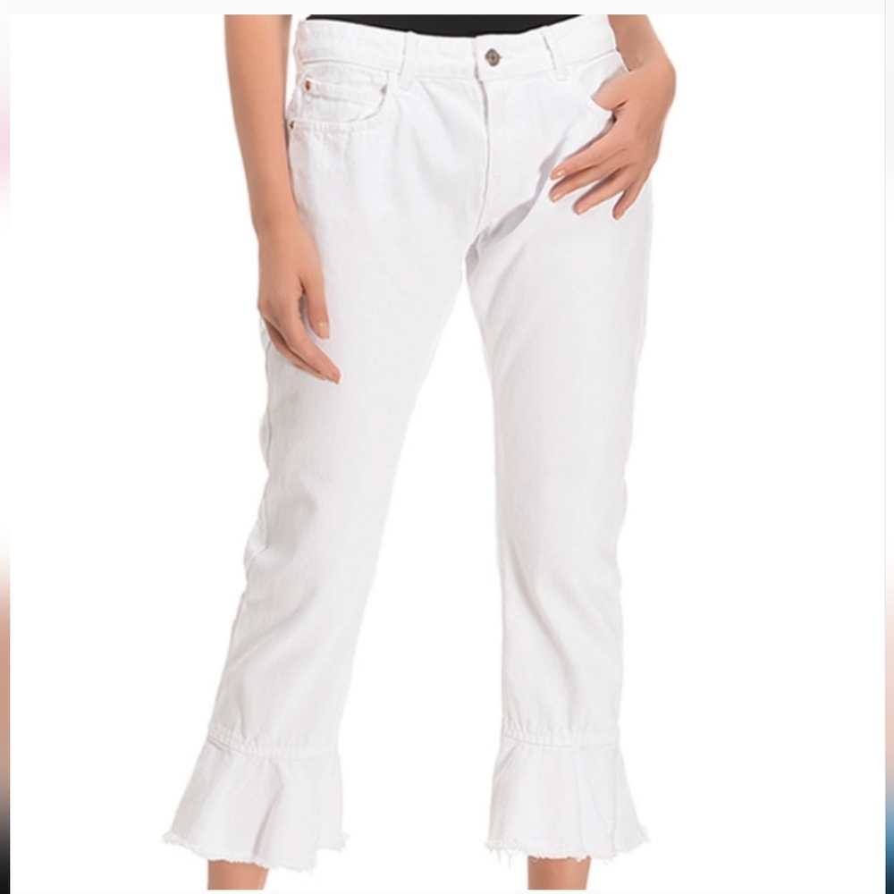 Zara Basic Denim White Cotton Frill Ruffle Hem Cropped Jeans Size 4 wais…